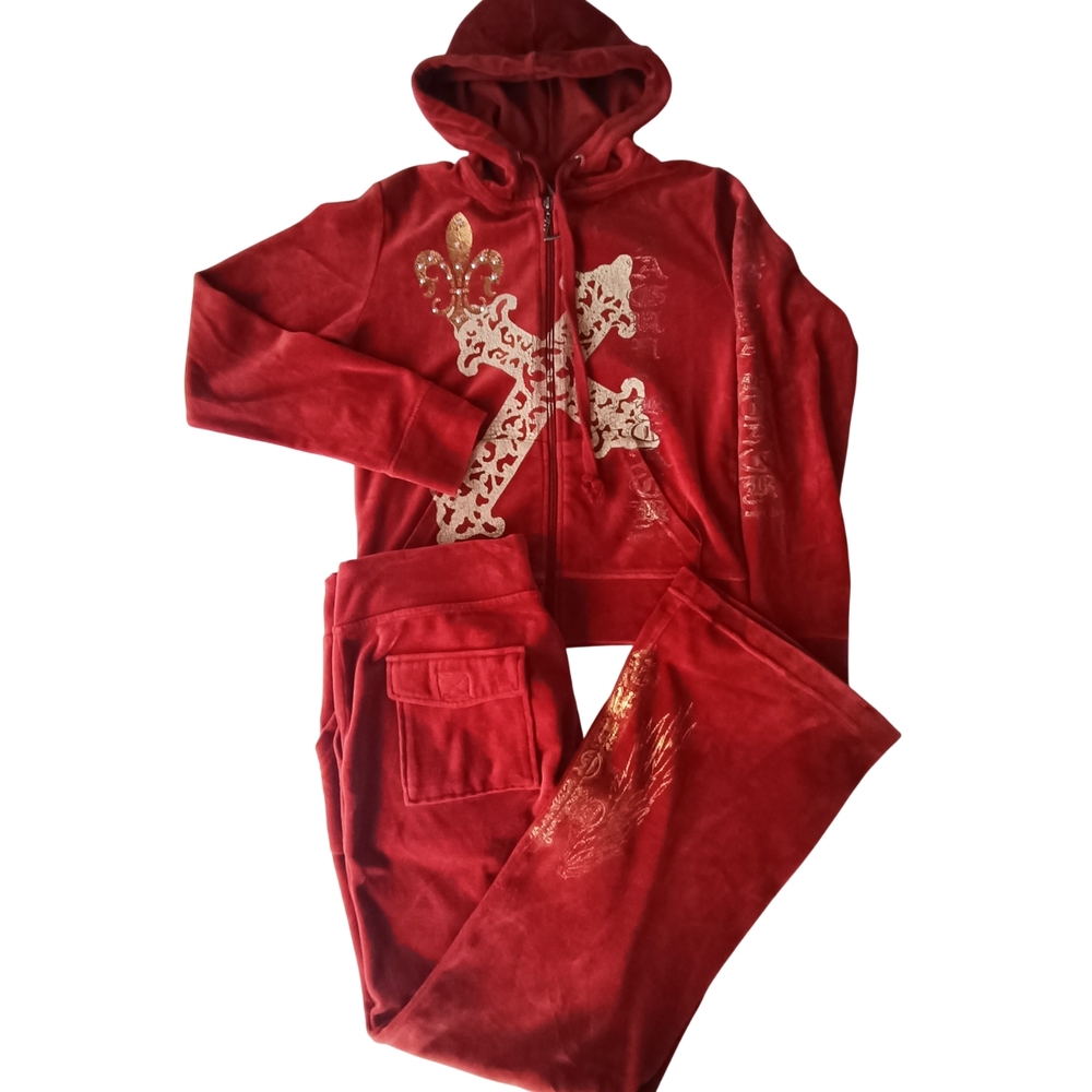 LBJC Laguna Beach Jean Co. Fleur de Lis Velour 2-Piece Rust Swarovski Crystals M